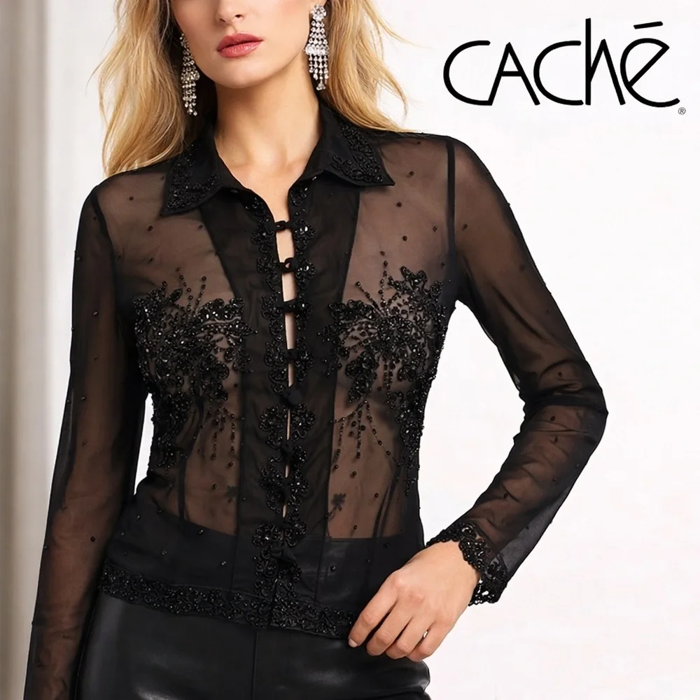 VTG Caché,Sheer Beaded Mesh Blouse 90s Y2K Evening Goth Glam Stretch Top Size L - Picture 3 of 12
